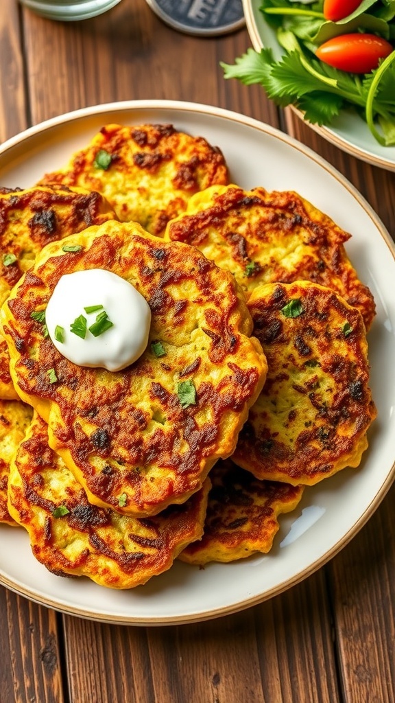 Crispy zucchini fritters served with sour cream and herbs on a wooden table.